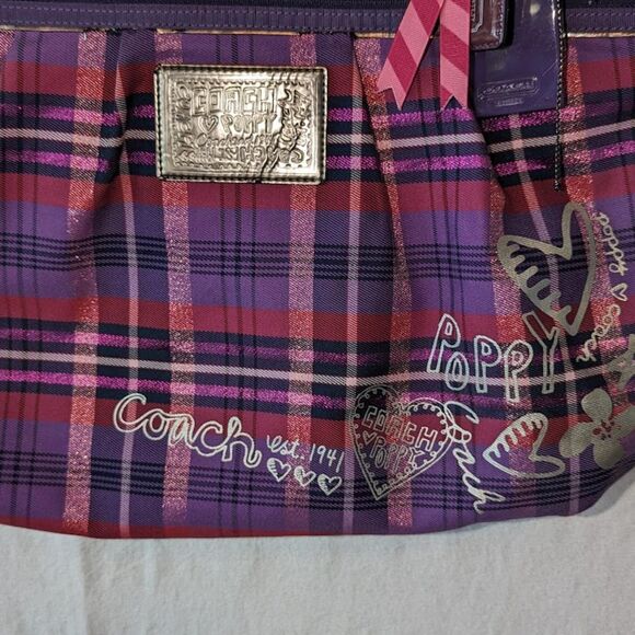 Women's Coach Poppy Purple Plaid Shoulder Bag with Bag Tags - Picture 3 of 15
